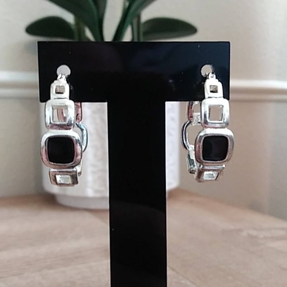 NWOT Silver Hoop Earrings With Black Enamel.